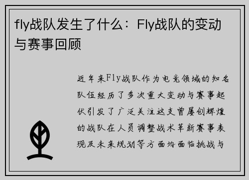 fly战队发生了什么：Fly战队的变动与赛事回顾