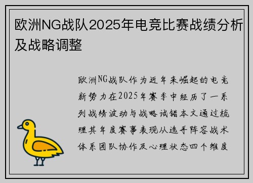 欧洲NG战队2025年电竞比赛战绩分析及战略调整